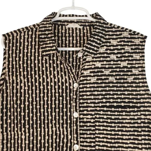 Marketplace Handwork of India Button-up Cotton Printed Shirt Blouse Black Tan 1W - Picture 2 of 12